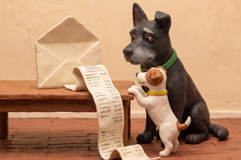 Zwei Hunde vor einer langen Tierarztrechnung auf dem K&uuml;chentisch