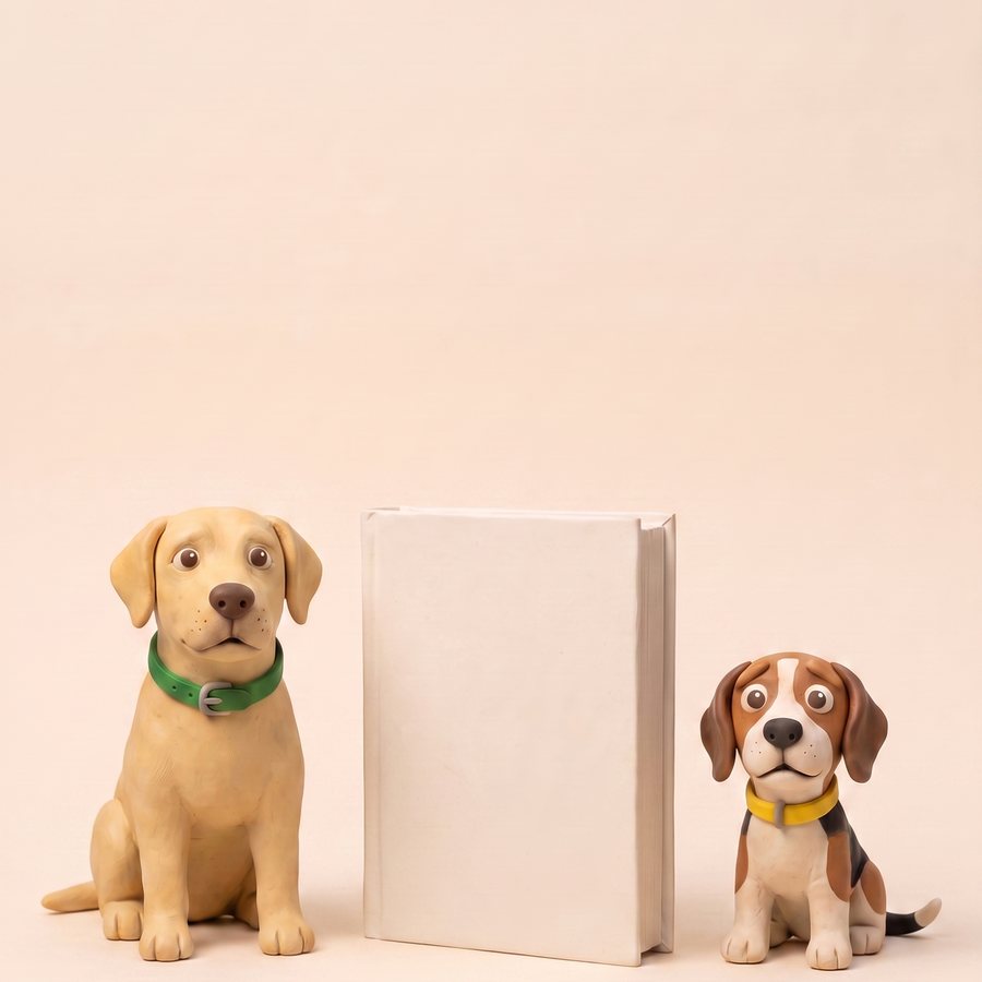Labrador und Beagle-Welpe aus Knete neben dem Buch Zweiter Hund – Ja oder Nein?