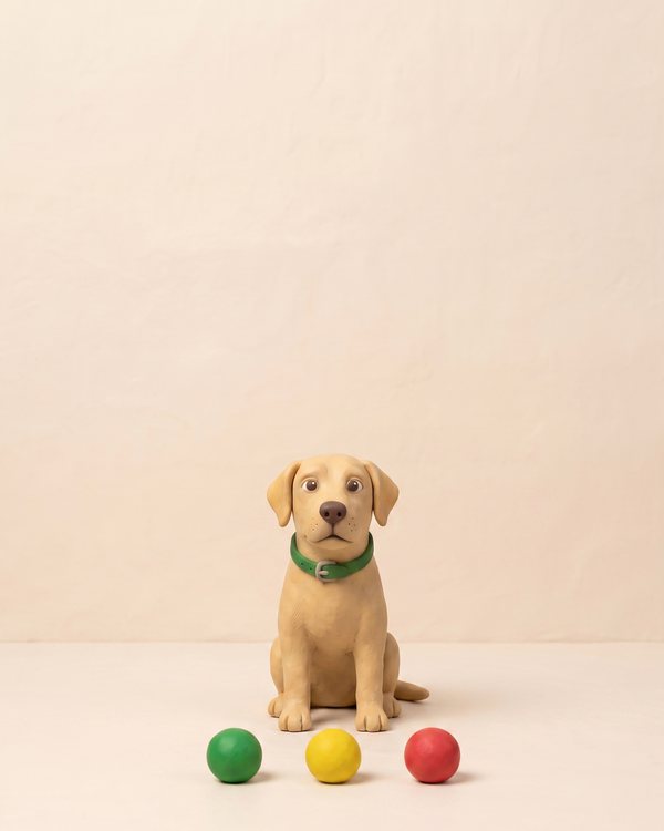 Labrador aus Knete mit drei Kugeln in Gr&uuml;n, Gelb und Rot
