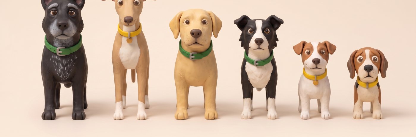 Sechs Hunde aus Knete nebeneinander im Gr&ouml;&szlig;enverh&auml;ltnis: Sch&auml;ferhund-Mix, Galgo, Labrador, Border Collie, Jack Russell, Beagle-Welpe