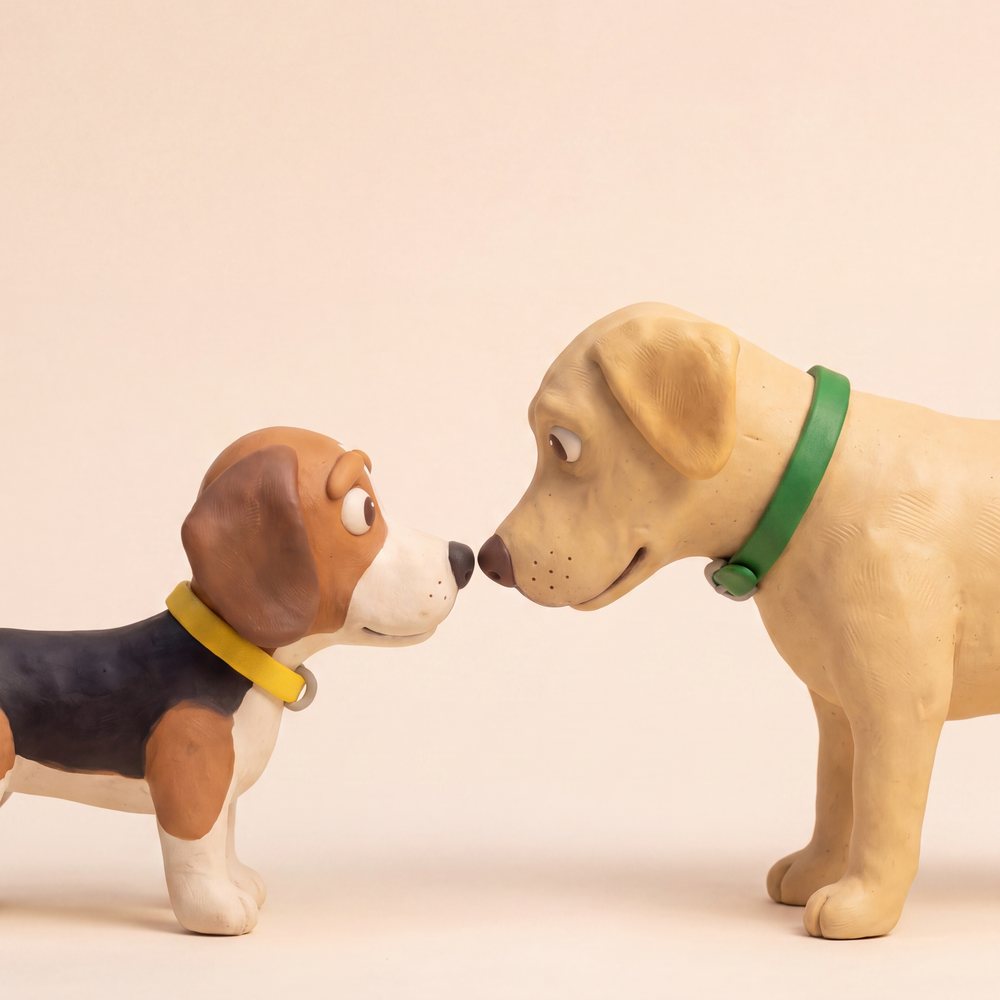 Zwei Knetfiguren: ein Labrador und ein Beagle-Welpe Nase an Nase